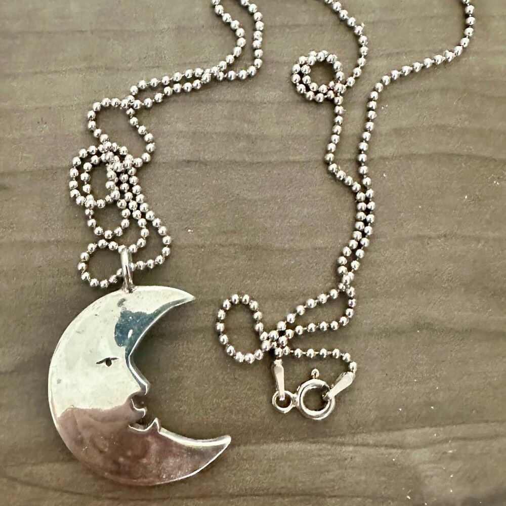 Vintage Walking Liberty Coin Moon Face Necklace Silver Celestial 1935